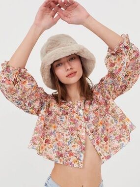 For Love & Lemons Floral Cropped Peasant Blouse - Pink Multi